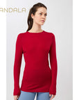 yoga langarm shirt merinowolle rot mandala crew neck wool mix rouge