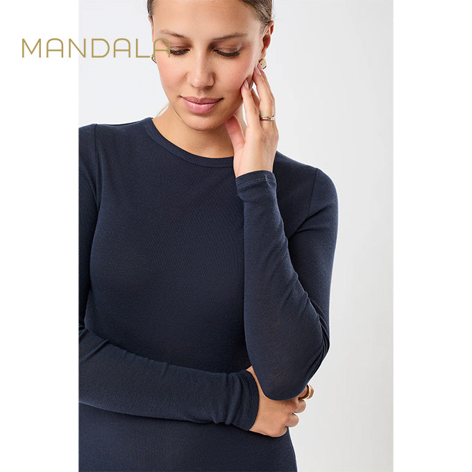 yoga langarm shirt merinowolle dunkelblau mandala crew neck wool mix night sky