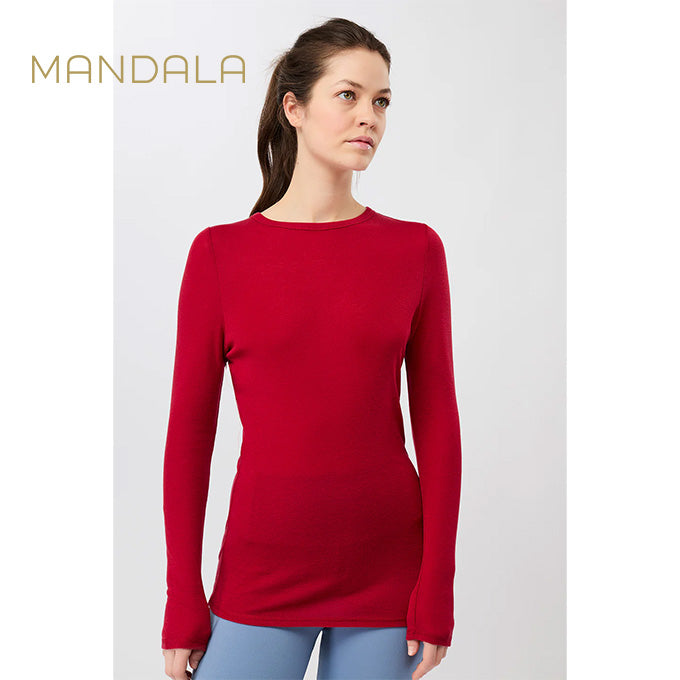 yoga langarm shirt merinowolle rot mandala crew neck wool mix rouge