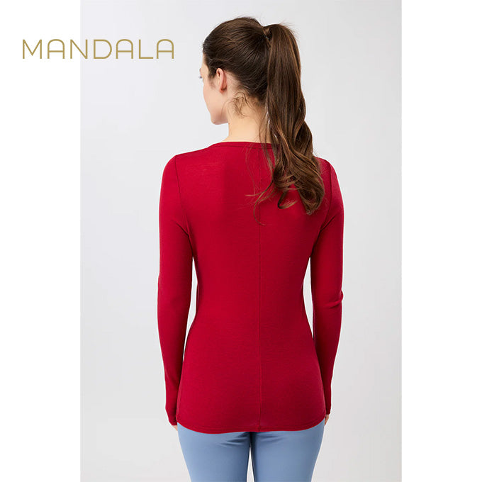 yoga langarm shirt merinowolle rot mandala crew neck wool mix rouge